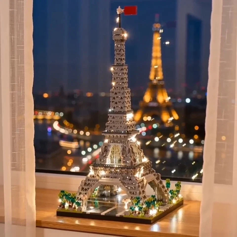 torre eiffel de blocos de montar com led na janela à noite