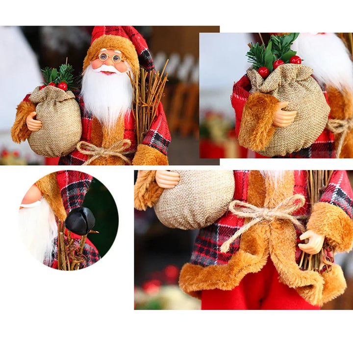 detalhes do boneco papai noel de pelúcia com saco de juta e galhos