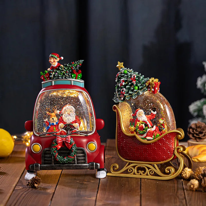 caixa de música de natal carro vermelho e trenó dourado com papai noel
