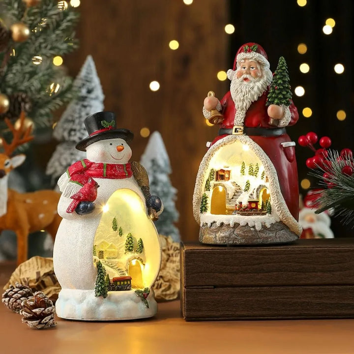 caixa de música de natal boneco de neve e papai noel com vila iluminada