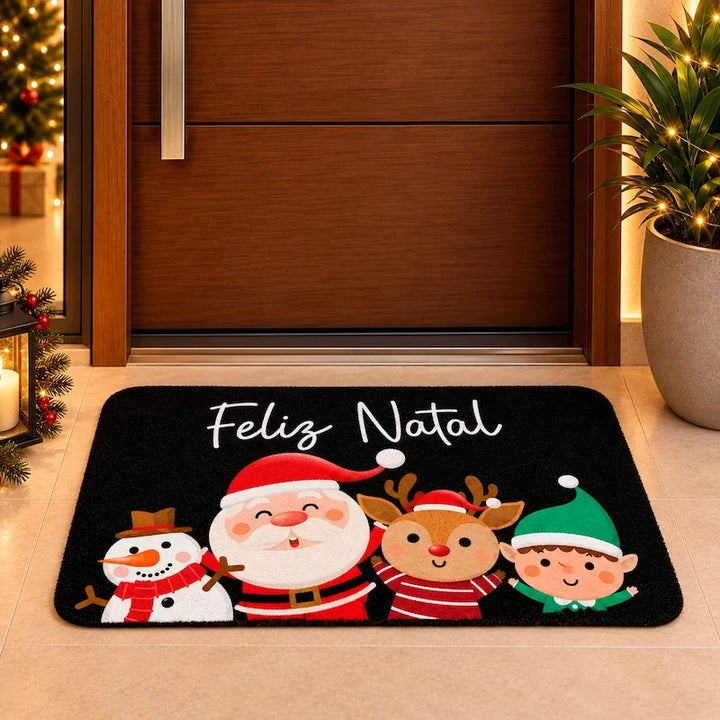 tapete de natal na porta de casa com luzes