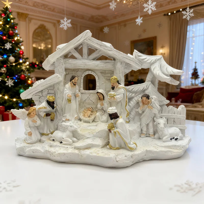 Estrebaria branca com anjos e reis magos em salão decorado