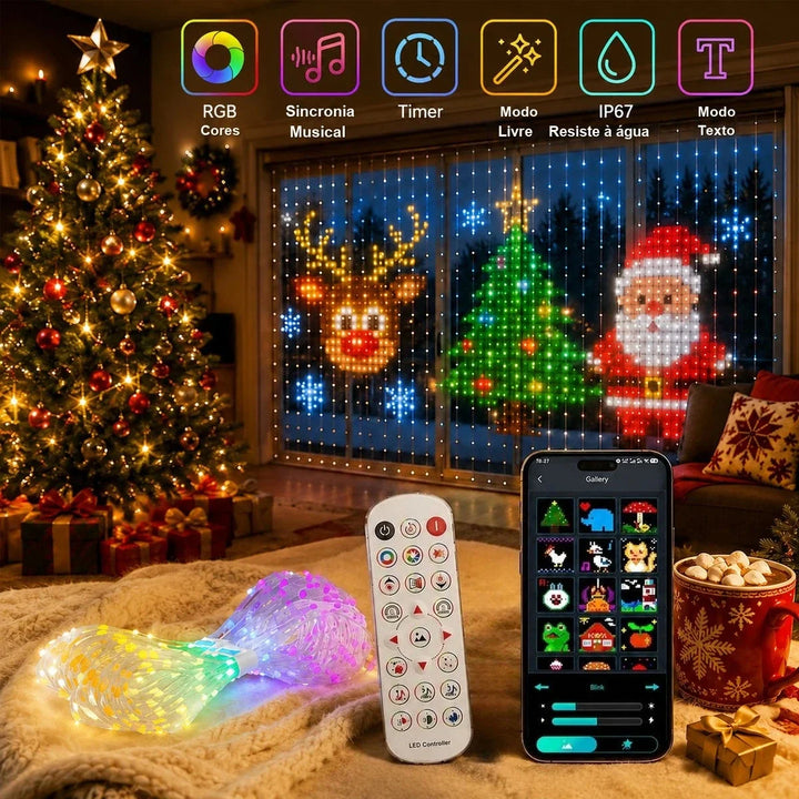 cortina de led inteligente de natal com rena árvore e papai noel na janela