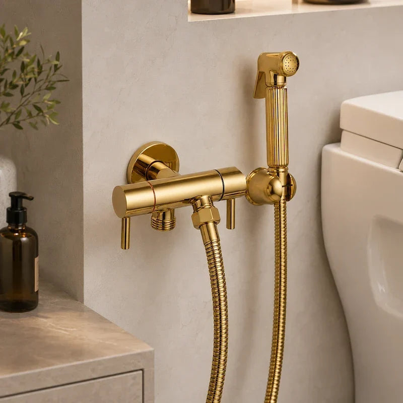 Ducha Higiênica Dourado Brilhante em Latão com Registro Duplo