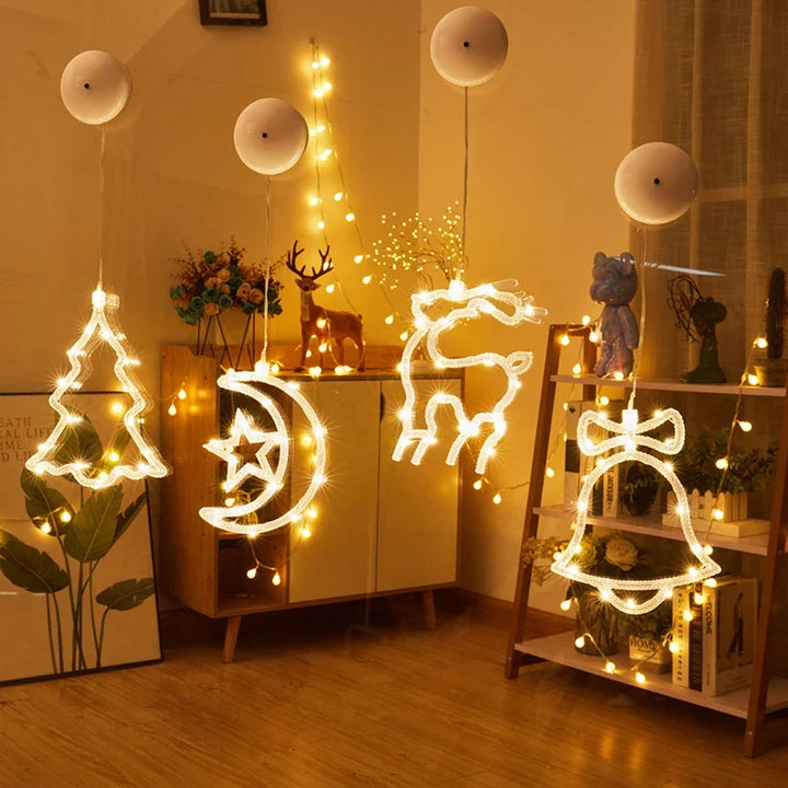 enfeites de natal led com ventosa árvore lua rena e sino