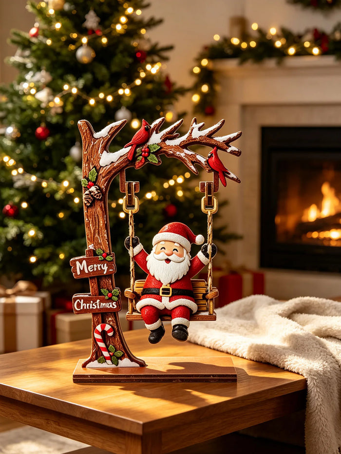 enfeite de natal de madeira papai noel no balanço sobre a mesa