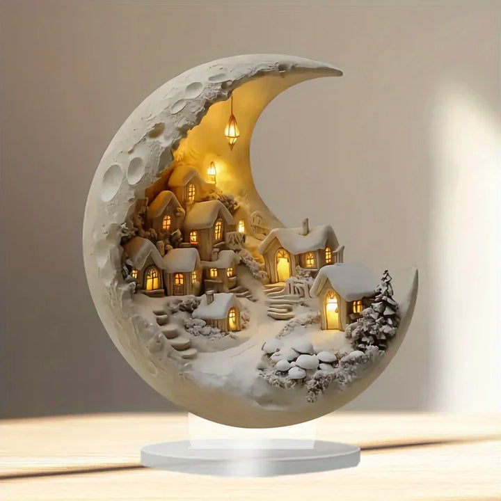 lua decorativa de acrílico com casinhas de natal iluminadas