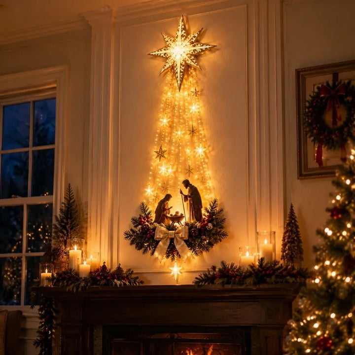 enfeite de parede de natal estrela de belem com presepio e cascata de luz