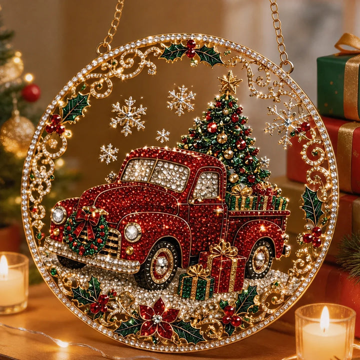 enfeite redondo de acrílico com caminhonete vermelha e árvore de natal