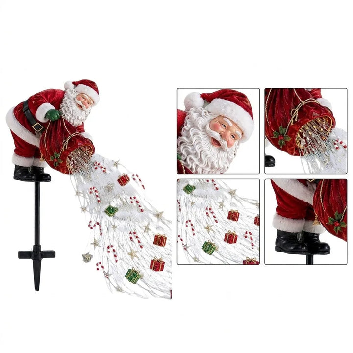 papai noel com cascata de luz de natal e detalhes do acabamento