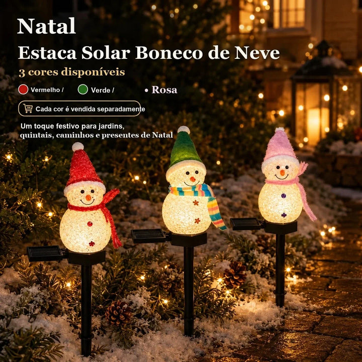 estaca solar boneco de neve com gorro vermelho verde e rosa