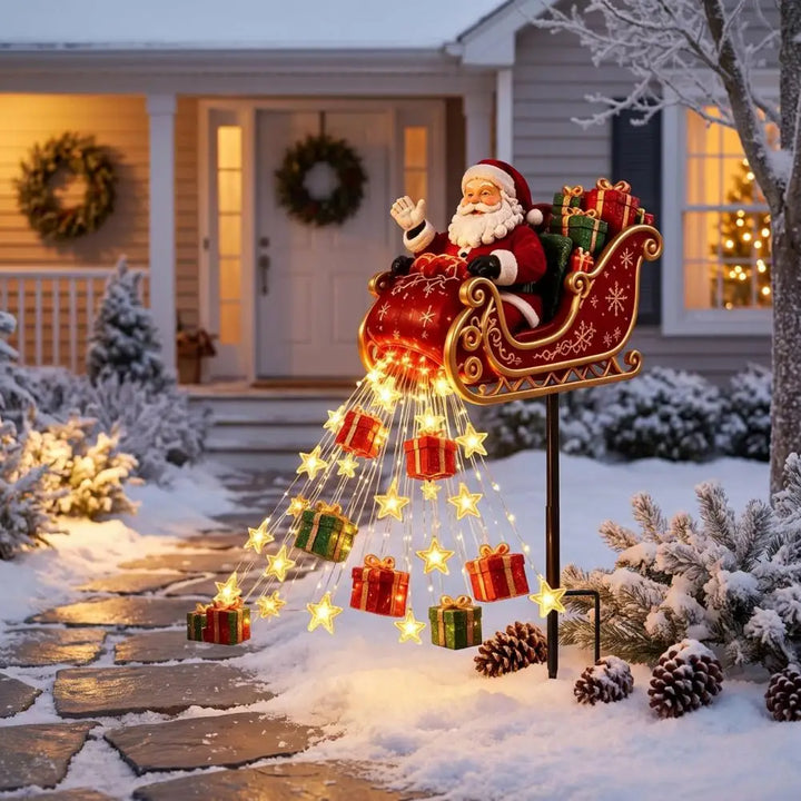 estaca de natal trenó do papai noel iluminando caminho de entrada da casa