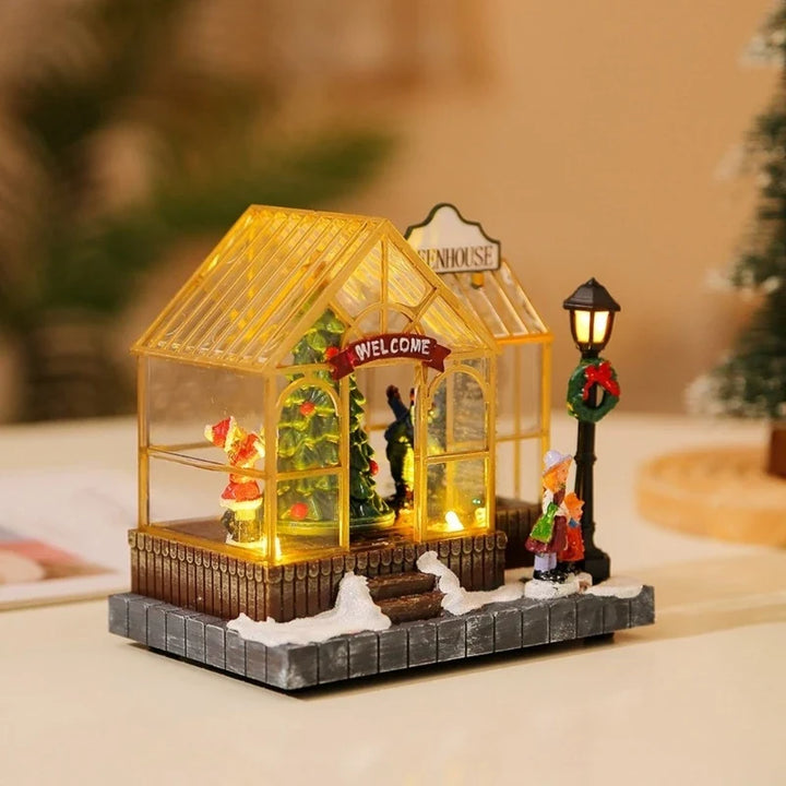 miniatura de vila de natal estufa dourada iluminada
