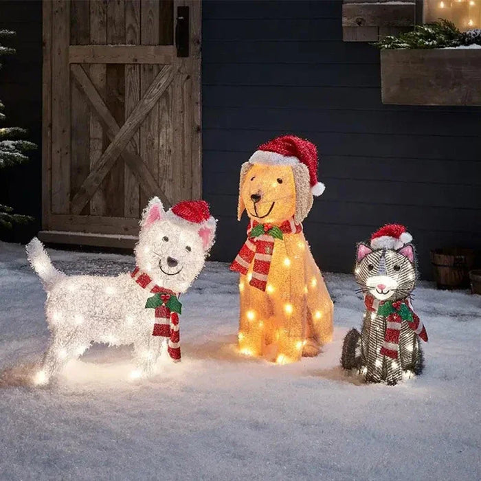 Figura Iluminada de Natal para Jardim com Cachorros e Gatos