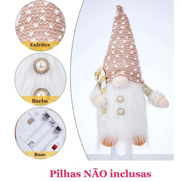 detalhes do gnomo de natal com barba de pelúcia e compartimento de pilhas