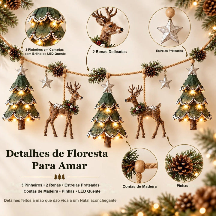 detalhes da guirlanda de natal com pinheiros em camadas, renas e estrelas prateadas