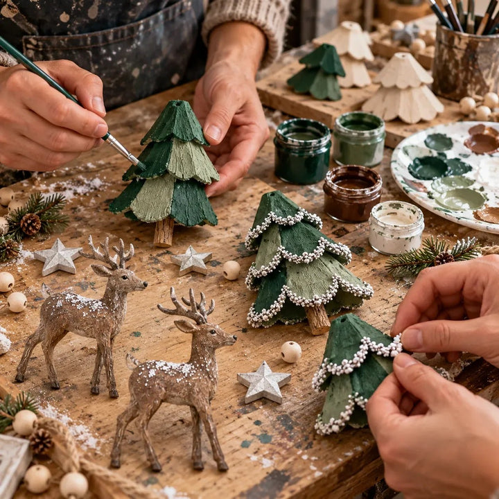 artesão pintando pinheiros e renas da guirlanda de natal