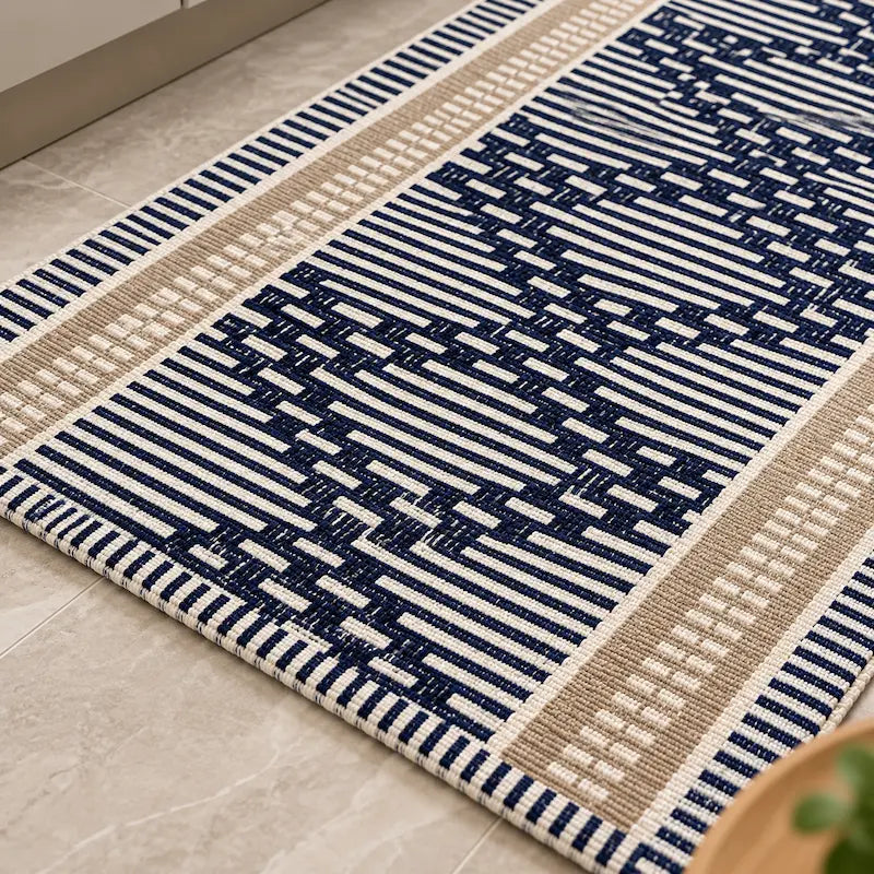 kit de tapetes para cozinha azul com 3 peças em algodão em ambiente decorado
