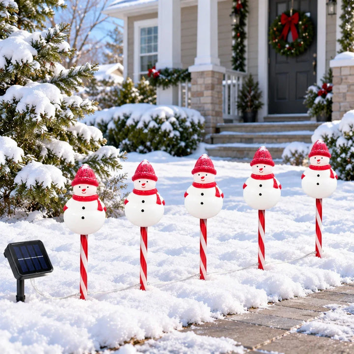 luzes de caminho boneco de neve com haste listrada na neve