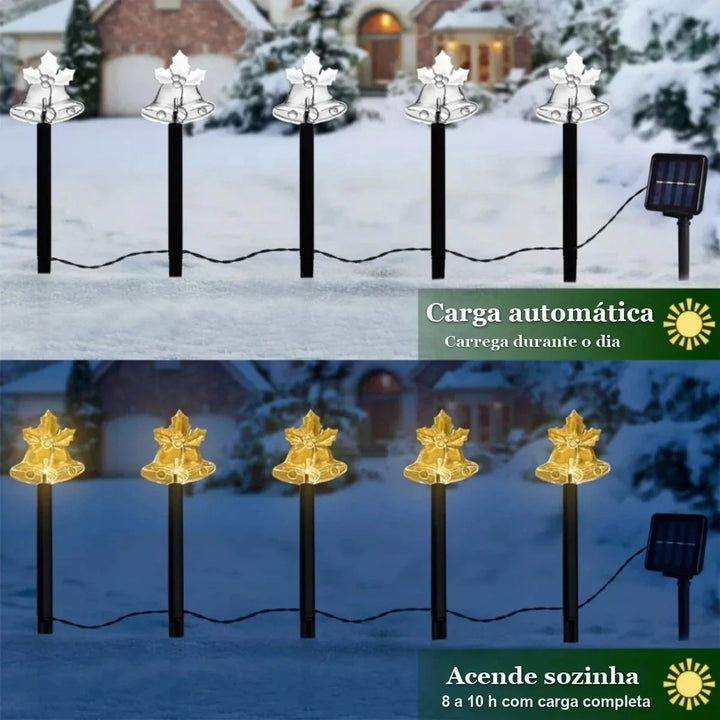estacas solares de natal com sinos e painel solar