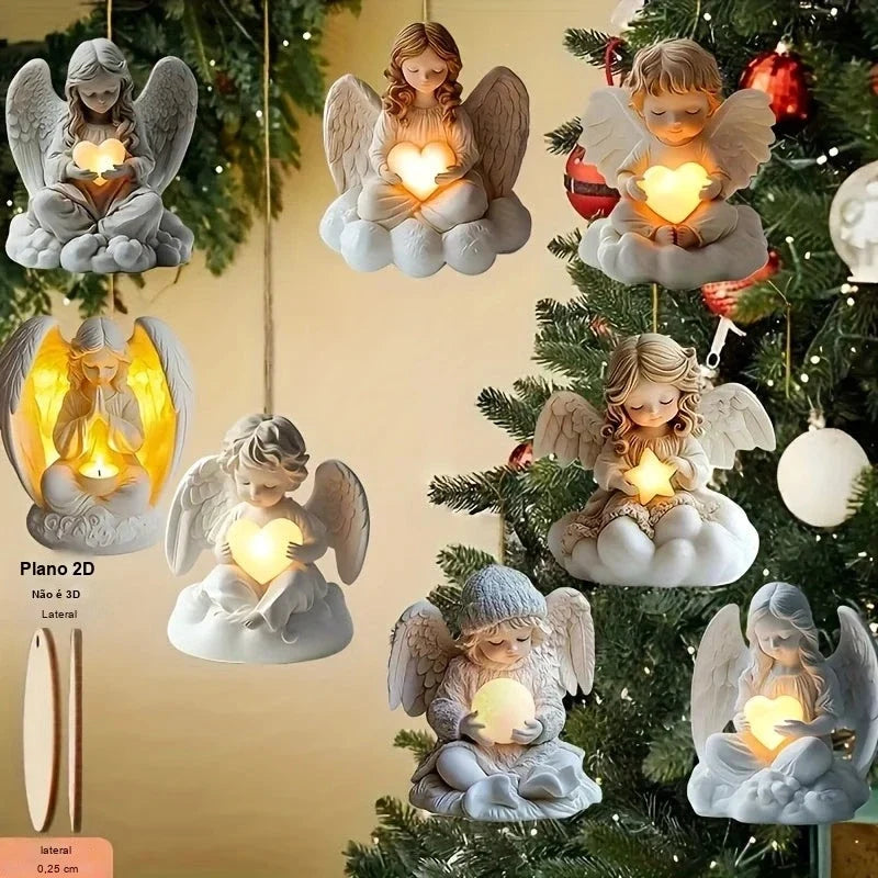 Kit 8 Pingentes de Anjinhos em Madeira para Árvore de Natal