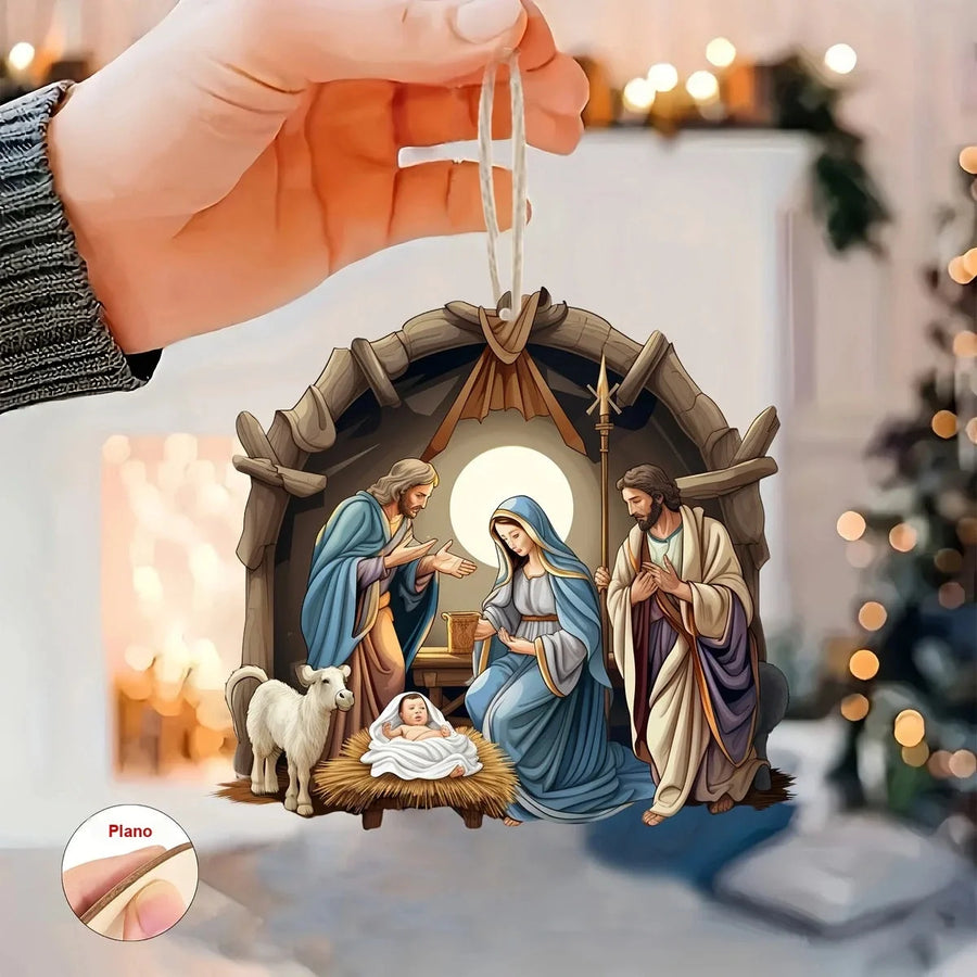 Kit 9 Enfeites de Presépio em Madeira para Árvore de Natal