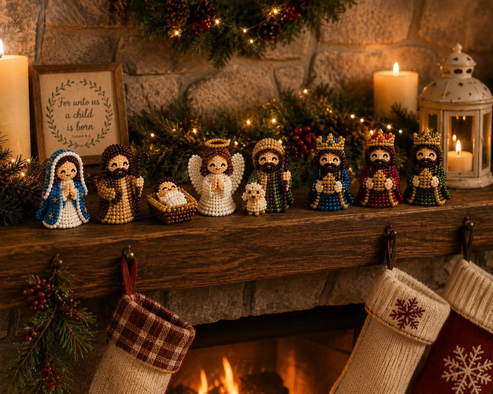 presépio de miçangas pronto sobre a lareira decorada para o natal