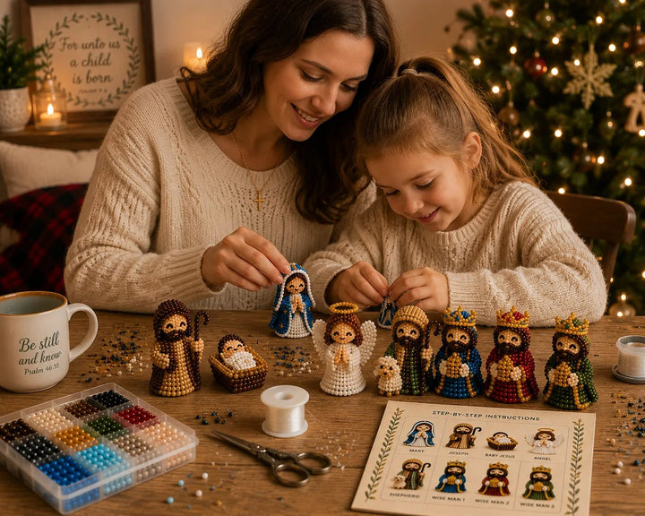 mãe e filha montando o presépio de miçangas na mesa de natal