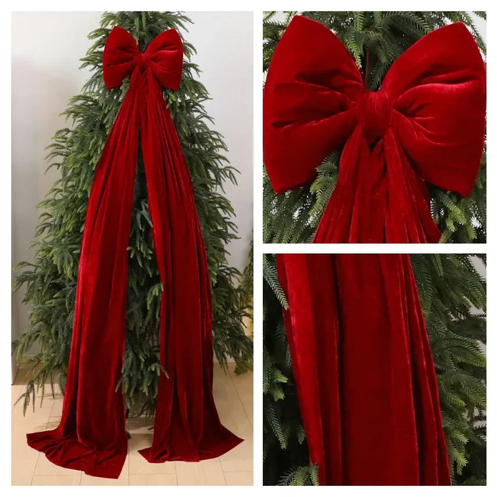 detalhe do laço de natal vermelho aveludado na árvore