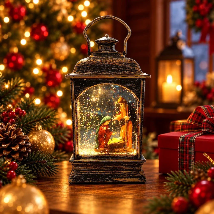 lanterna de natal com presépio entre bolas e pinhas