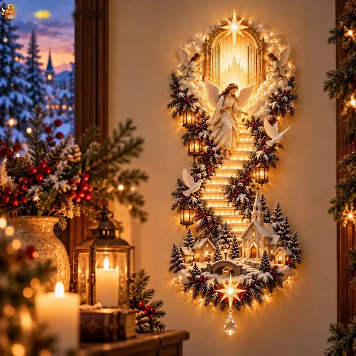 luminária de parede de Natal com anjo e vila nevada acesa ao lado da janela