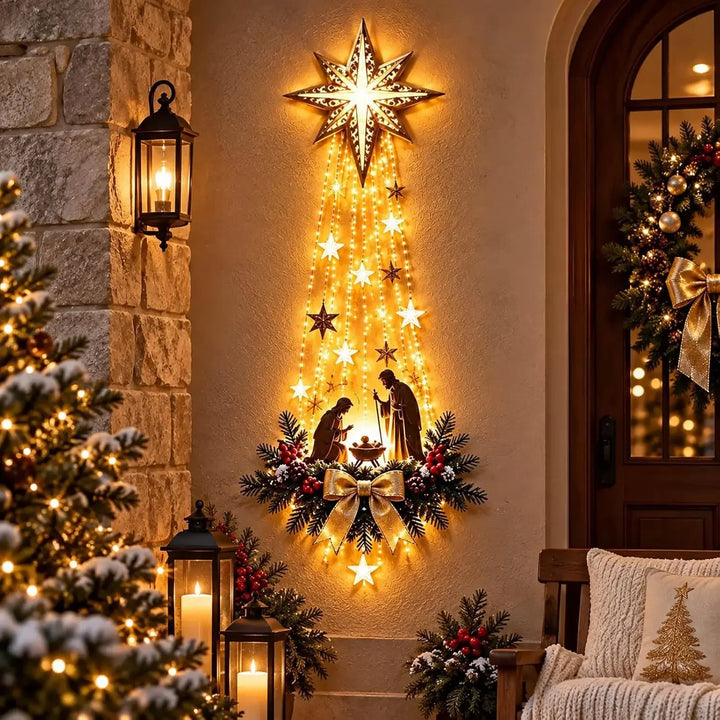 estrela de belém de parede iluminada ao lado da porta de entrada