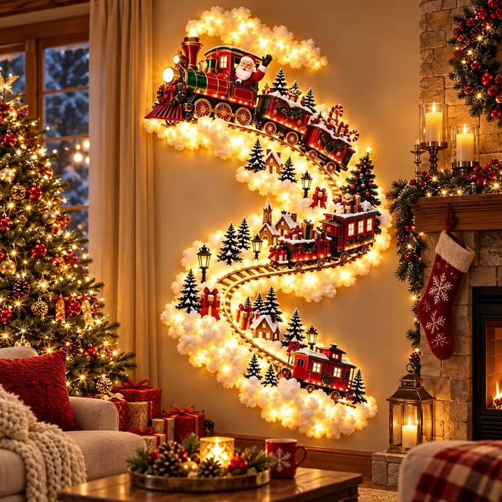 luminária de parede mágica de natal com trem do papai noel na sala