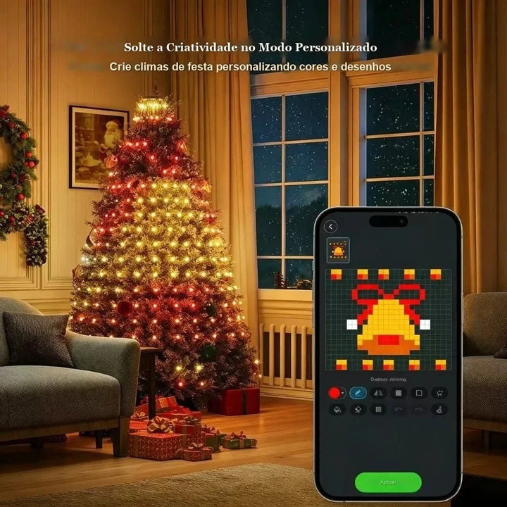 árvore de natal com luz inteligente e modo personalizado no celular