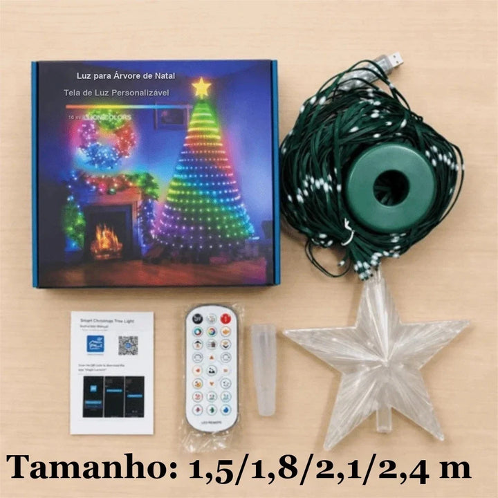 conteúdo da luz de árvore de natal inteligente com estrela, controle e manual