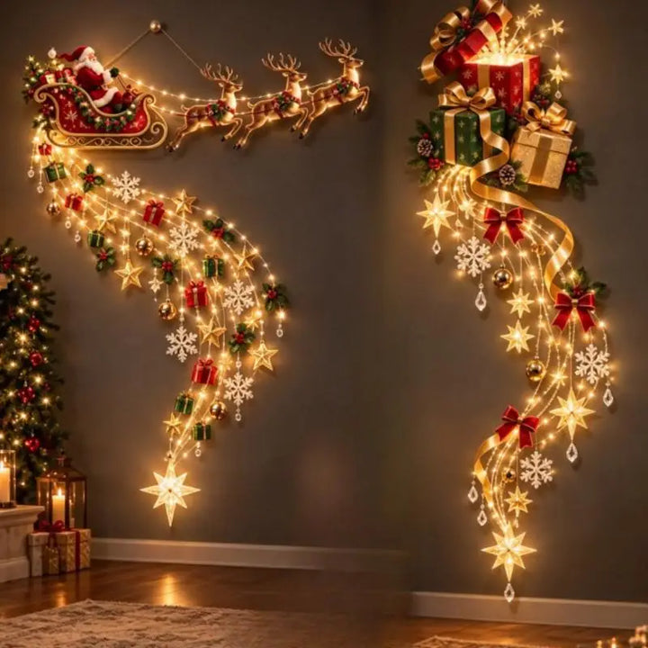 luz de parede de natal com trenó do papai noel e presentes
