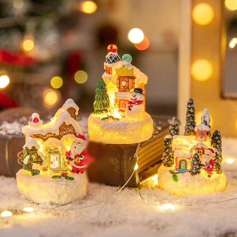 Mini Casinha de Natal Iluminada com Papai Noel em Resina