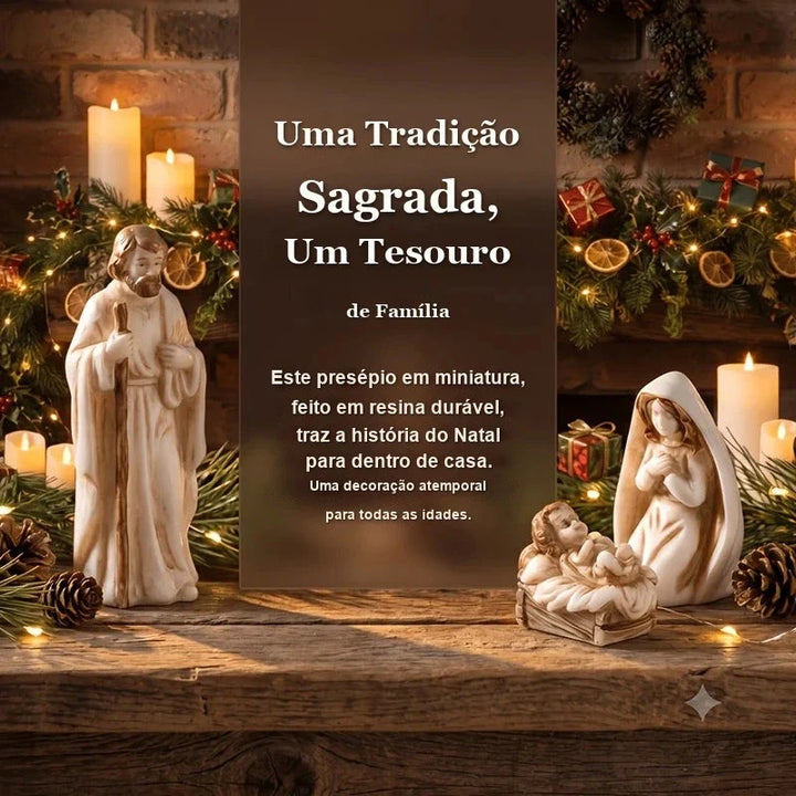 maria josé e menino jesus do mini presépio em resina perto da lareira