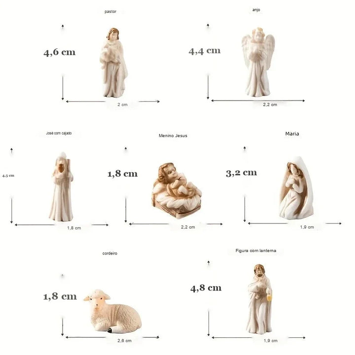 medidas das 7 peças do mini presépio sagrada família em resina