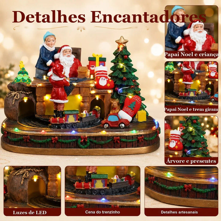 detalhes da oficina do papai noel com trenzinho e árvore
