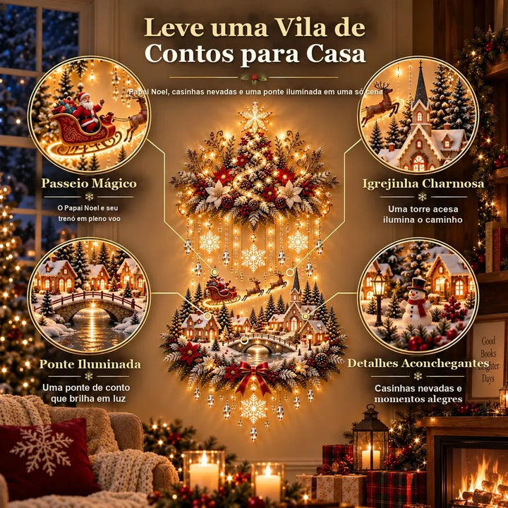 detalhes do painel de Natal com trenó do Papai Noel, igrejinha e ponte iluminada