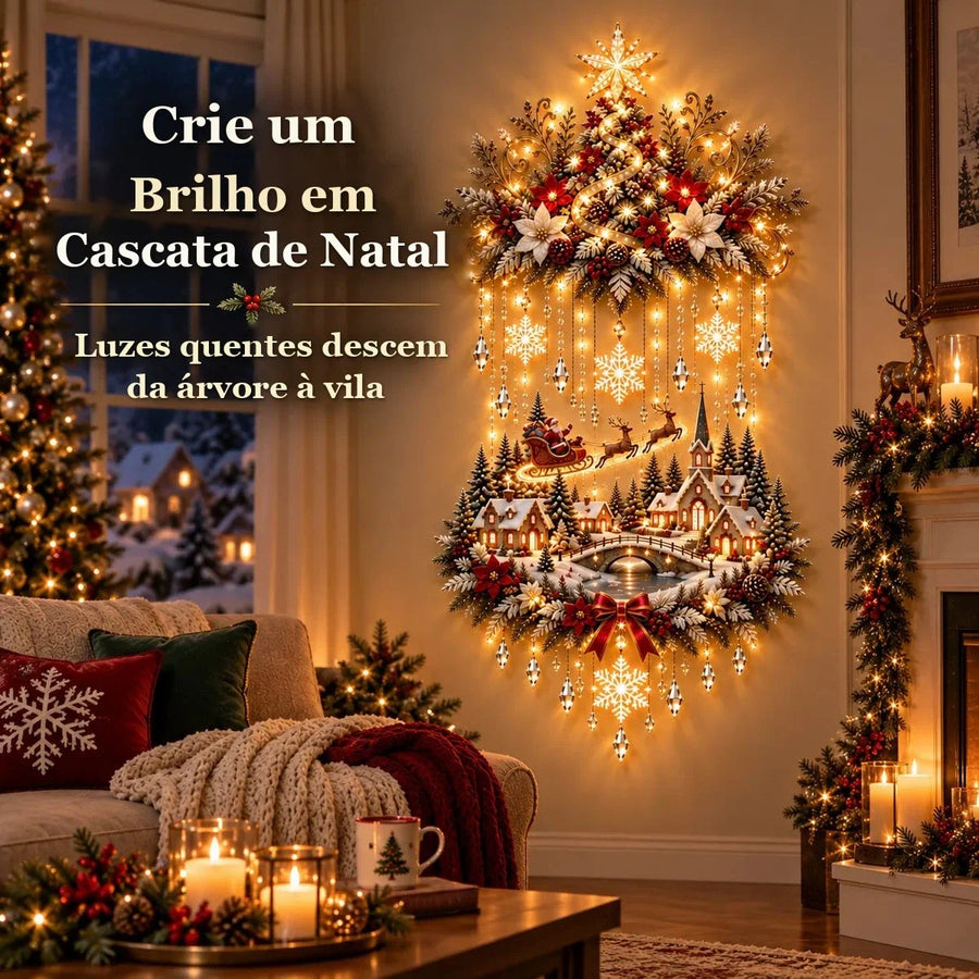 Painel de Parede Árvore de Natal e Vila com Luzes em Cascata