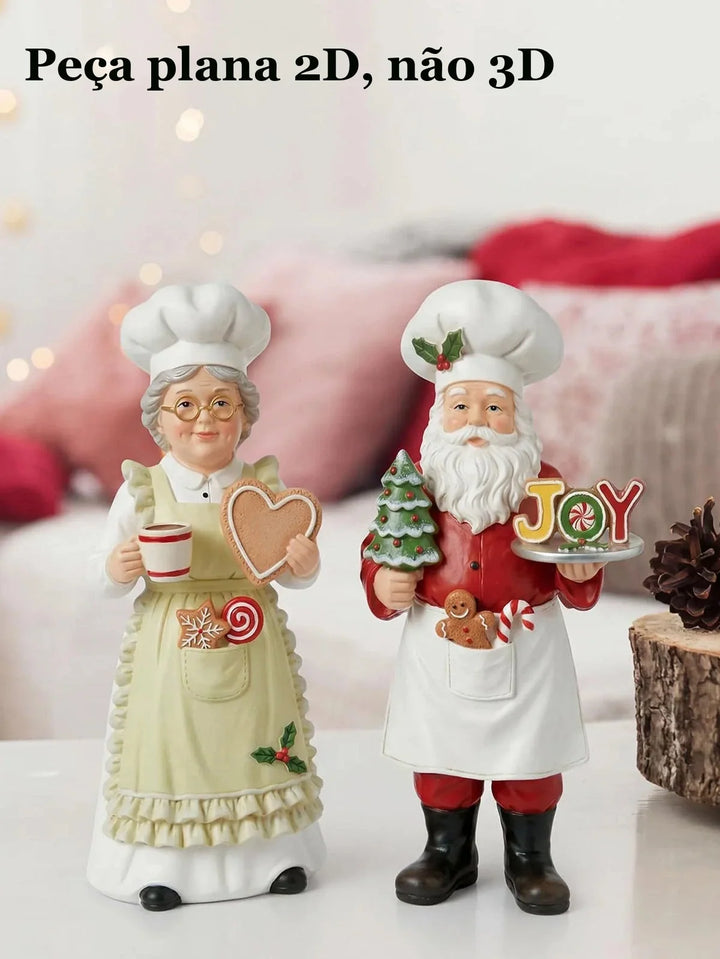 enfeite de natal papai noel e mamãe noel chefs em madeira plana