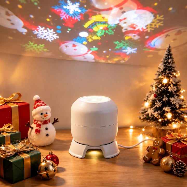 projetor de natal com figuras coloridas de boneco de neve no teto
