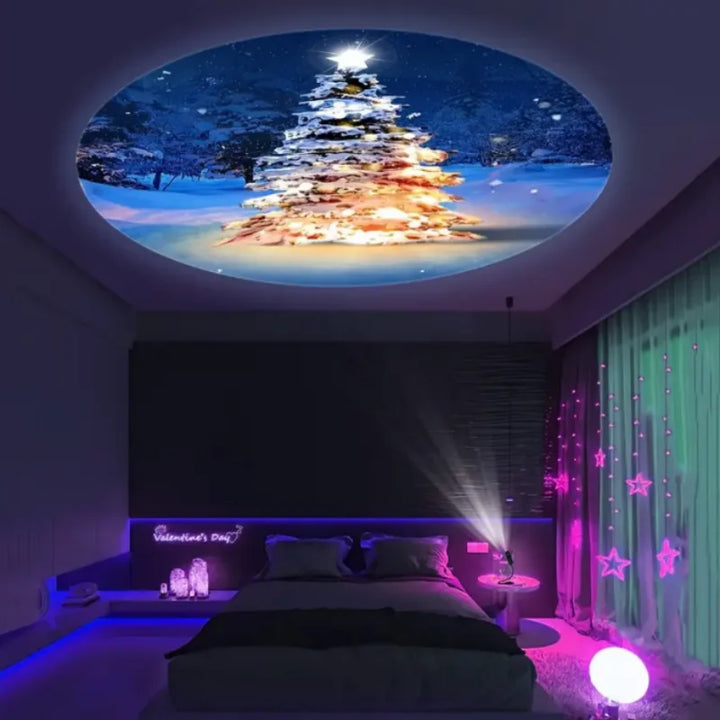 projetor natalino projetando árvore de natal iluminada no teto