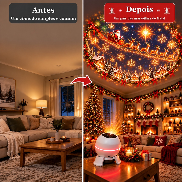 sala antes e depois de usar o projetor de Natal