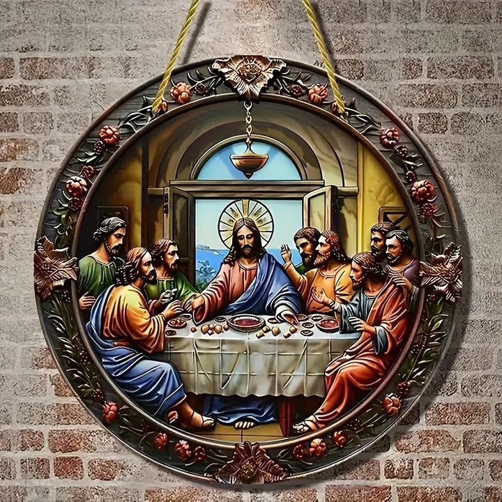 quadro de madeira santa ceia estilo vitral pendurado em parede de tijolos