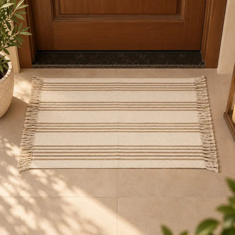 tapete de porta listrado de algodão com franjas composição na decoração