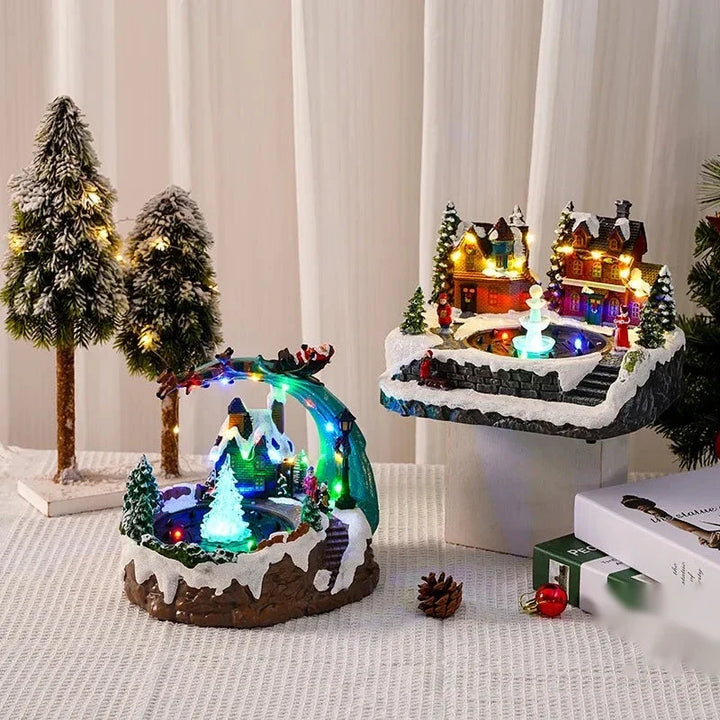 cenário de vila de natal com casinhas acesas na sala