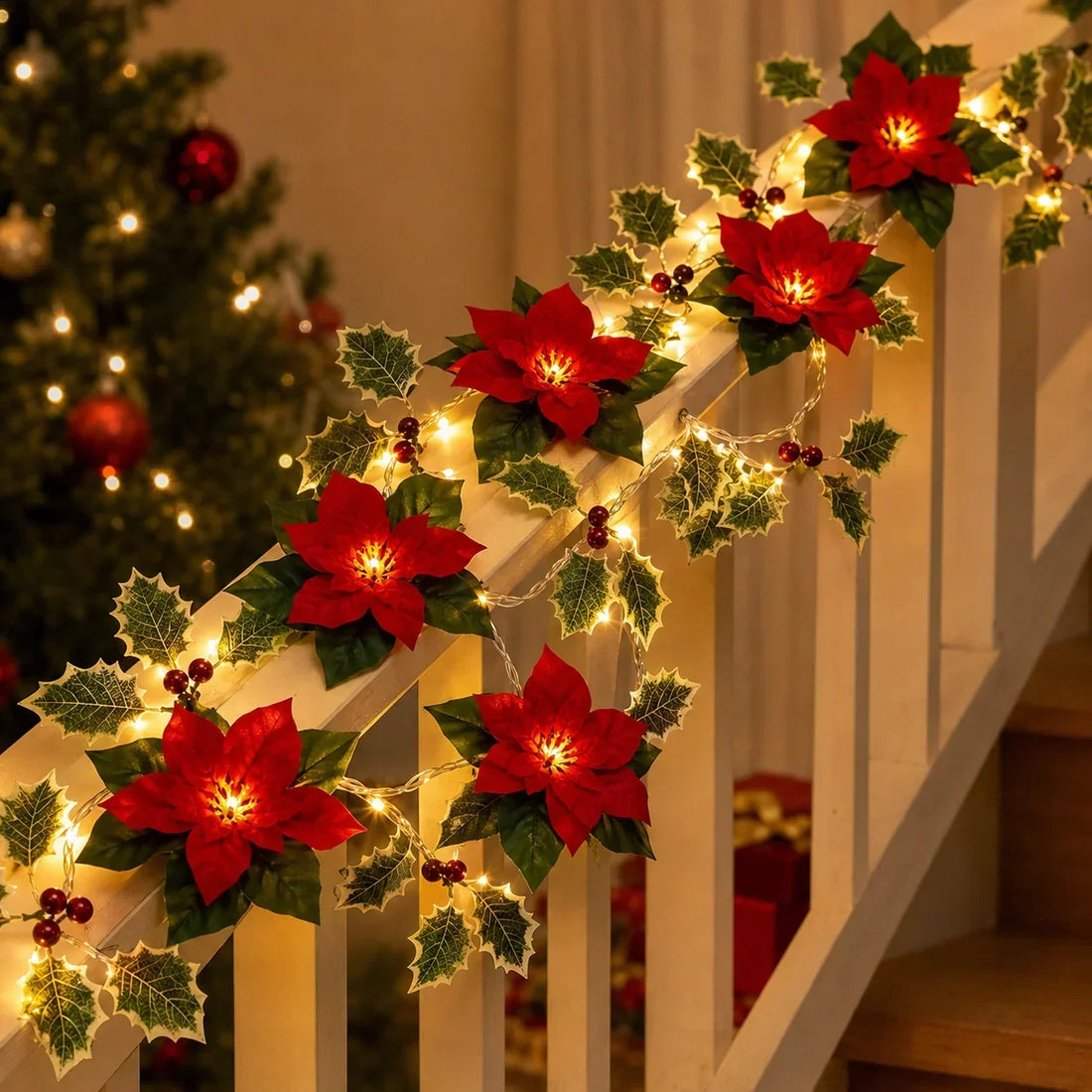 Corrimão de escada decorado com festão de Natal iluminado com bico-de-papagaio